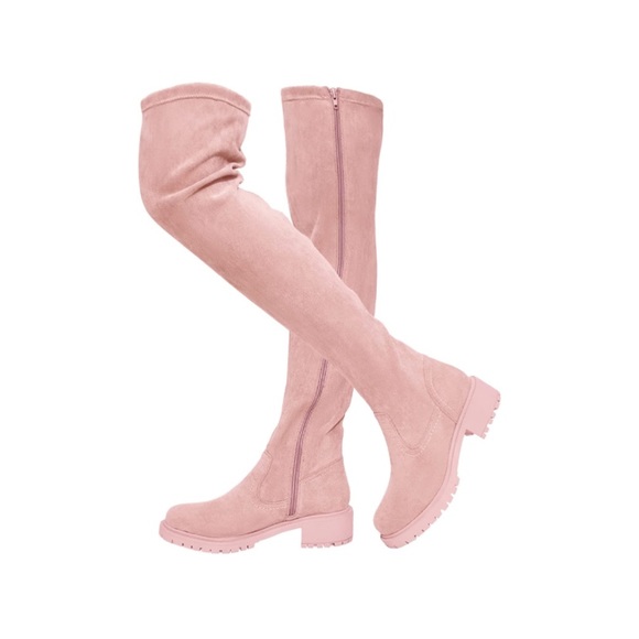Light Pink Suede Over The Knee Boots Round Toe Side Zipper Flat Thigh High - Picture 4 of 5